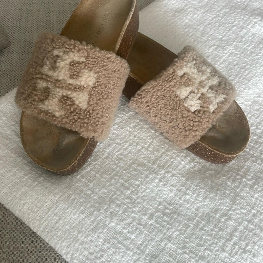 Tory Burch Fuzzy Brown Slide Sandals - Picture 2 of 5
